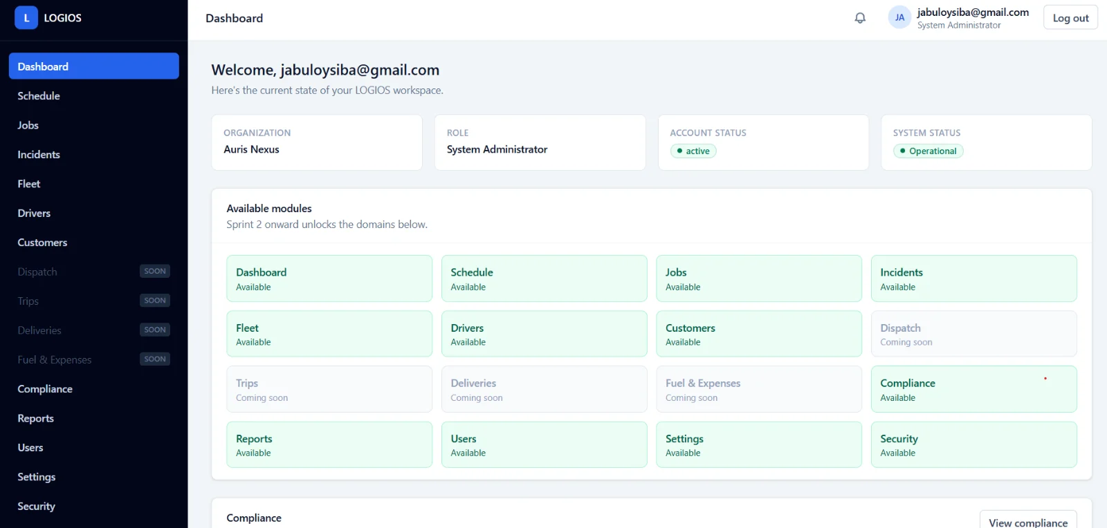 LOGIOS OS logistics operations dashboard
