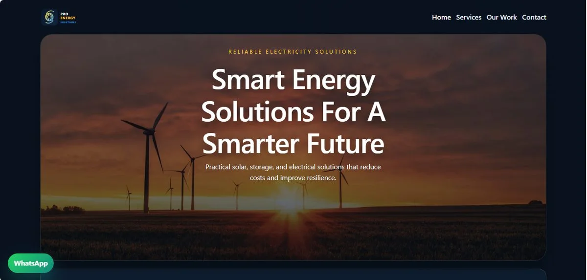 Pro Energy Solutions website homepage with the headline Smart Energy Solutions For A Smarter Future